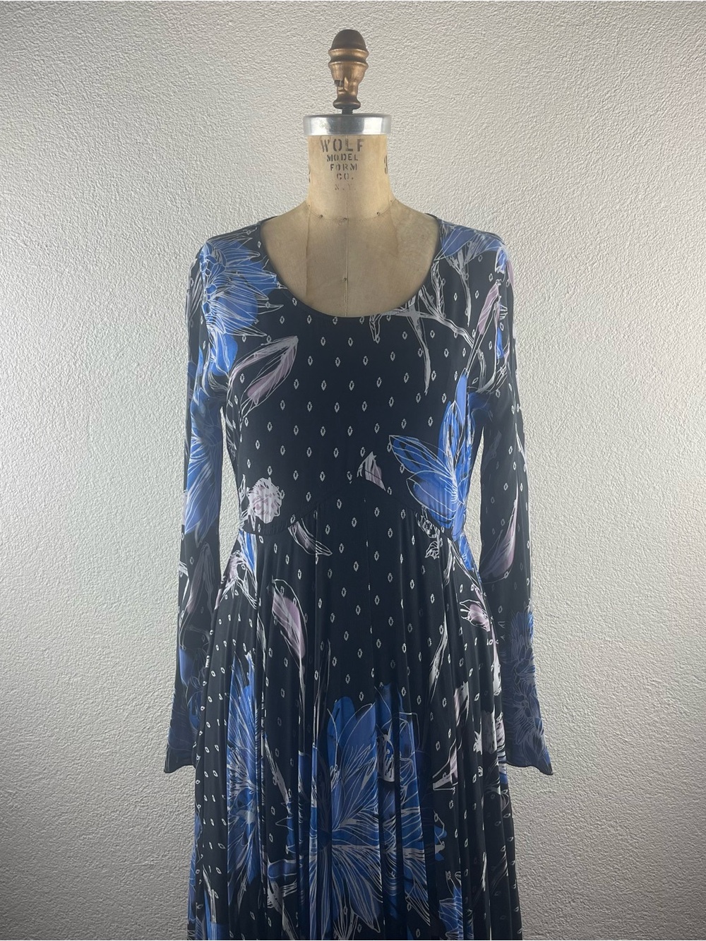 Free People l S First Kiss Sketchy Floral Long Sleeve Sweeping Boho Maxi Dress